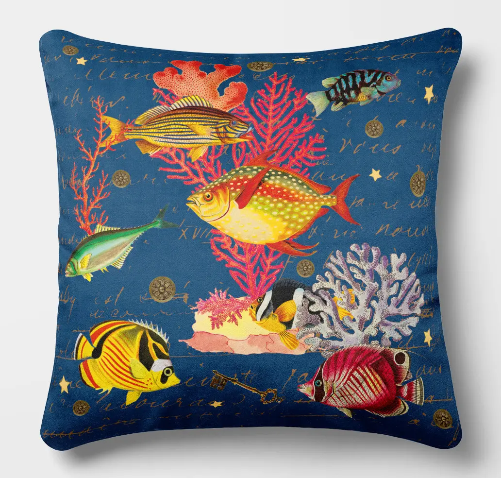 coussin poisson 45x45 bleu